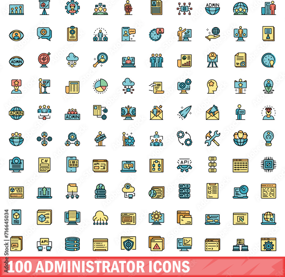 Poster 100 administrator icons set. color line set of administrator vector icons thin line color flat on wh
