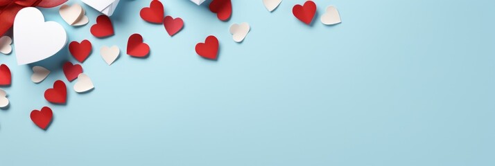 Minimalist Valentine's Scene: Soft Blue with Red and White Paper Hearts - Valentine's Day Concept
