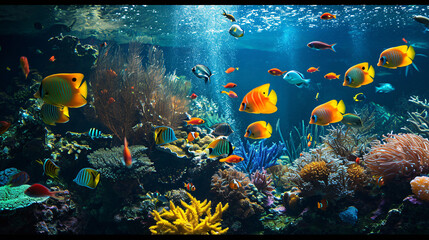Fototapeta na wymiar An aquarium filled with tropical fish swimming gracefully among corals and aquatic plants a serene underwater world.