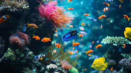 Naklejka na ściany i meble An aquarium filled with tropical fish swimming gracefully among corals and aquatic plants a serene underwater world.