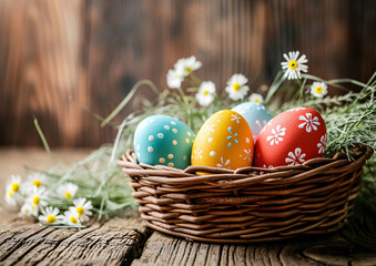 Fototapeta na wymiar Happy Bunny with Many Easter Eggs on Grass Festive Background