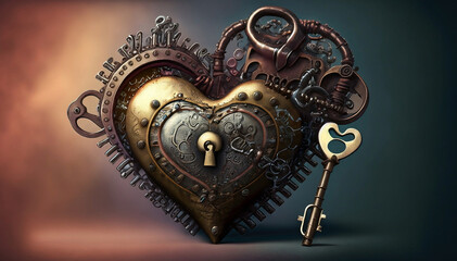 Steampunk hearts with lock and key for St Valentine's  gift background 
