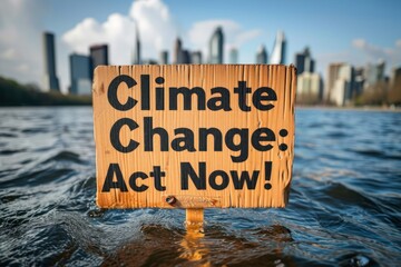 "Climate Change: Act Now!" sign amidst rising sea levels - AI Generated Digital Art