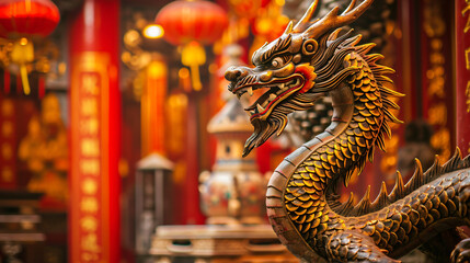An Eastern dragon sculpture in a traditional temple intricately detailed and set against red and gold decorations.