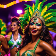Brazilian dancers parading in colorful and gaudy dresses during the Brazilian carnival