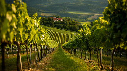 Fototapeta na wymiar An Eastern European vineyard in summer with rows of lush vines a quaint farmhouse and rolling hills in the background.