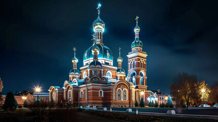 Fototapeta na wymiar An Eastern Orthodox cathedral at night illuminated against the dark sky with intricate domes and spires.