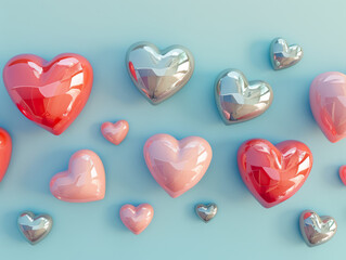Cluster of glossy, multi-coloured hearts with glass-like reflections.