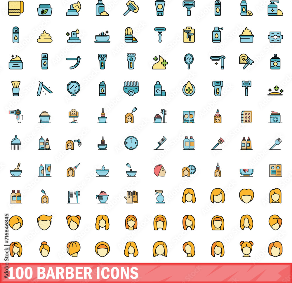 Wall mural 100 barber icons set. color line set of barber vector icons thin line color flat on white - Wall murals