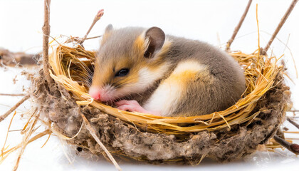 Cute small Hazel Dormouse, Muscardinus avellanarius,  sleep in the nest isolated in a white background. Generative AI.