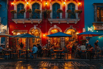 Fototapeta na wymiar Mexico's Finest: Realistic Architecture of a Busy, Crowded Restaurant