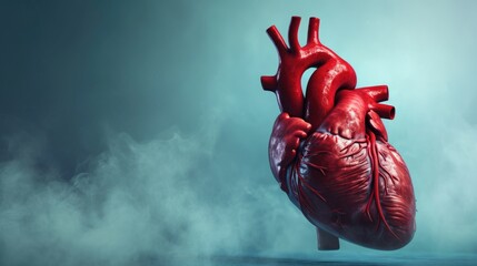 Human heart anatomy model with detailed vessels on a misty turquoise backdrop