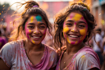 Obraz premium Two girls at a Holi festival in India, covered in colorful powder, happy, enjoying the moment at the party, with friends