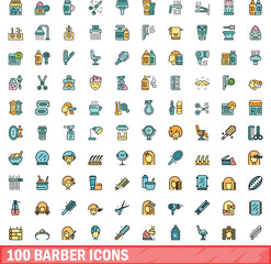 100 barber icons set. Color line set of barber vector icons thin line color flat on white