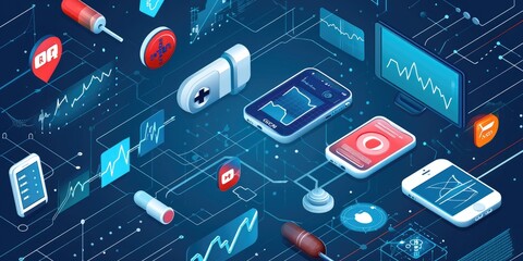 Graphics depicting wearable health devices and IoT applications in healthcare