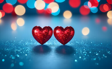 Two small red heart on a sparkling soft blue background, Valentine's Day, Christmas. Generative AI