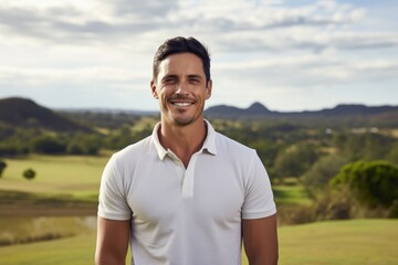 Portrait of a satisfied man in his 30s wearing a breathable golf polo against a quiet countryside landscape. AI Generation