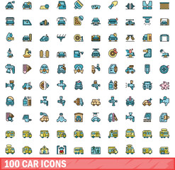 100 car icons set. Color line set of car vector icons thin line color flat on white