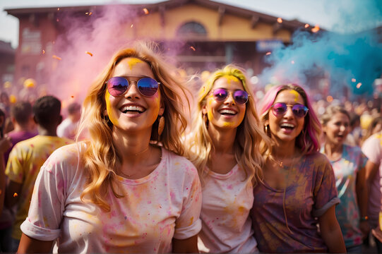 Group of girls at a Holi festival in India, covered in colorful powder, happy, enjoying the moment at the party, with friends