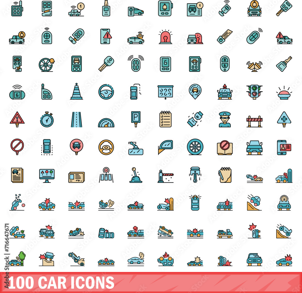 Wall mural 100 car icons set. color line set of car vector icons thin line color flat on white - Wall murals