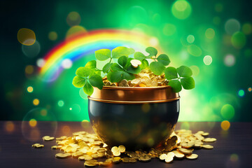 pot of gold with a colorful rainbow and shamrock leaves around the pot for st Patricks day green bokeh background