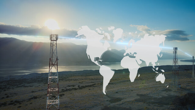Global network wireless data connection worldwide. Telecom 5G 6G tower station with planet earth map animation