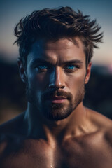 Shirtless Man With Beard and Blue Eyes. Generative AI.