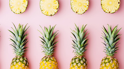 Trendy bright pattern of pineapples. Pastel pink background. Minimalist summer food concept. Generative AI