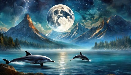 background of amazing crescent full moon over the sea and dolphins under the sea