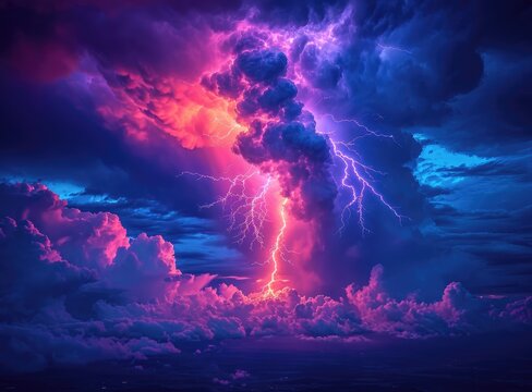 Nature's power illuminates the sky as a bolt of lightning strikes through the stormy clouds, revealing the hidden energy of the outdoor world