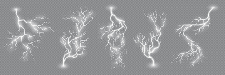 Lightning effect. Thunderstorm flash strike, thunder bolt, electric spark. Isolated vector dazzling display of electrical, high-energy forked discharge of atmospheric electricity, illuminating the sky