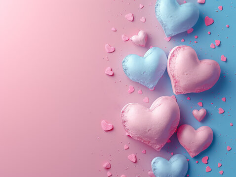 Floating hearts with glitter on a pastel pink sprinkle background.