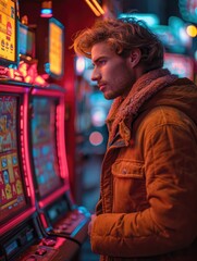 A gambler lost in the bright lights and buzzing sounds of the casino, dressed in casual clothing, eagerly playing the slot machines among the rows of arcade games