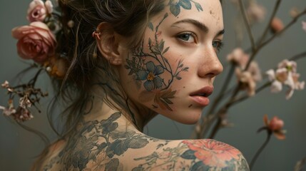 Close-up portrait of a beautiful young girl with tattoos on her shoulders and fresh flowers. - obrazy, fototapety, plakaty