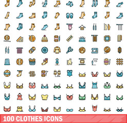 100 clothes icons set. Color line set of clothes vector icons thin line color flat on white