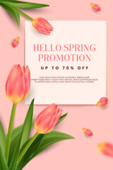 Obraz premium Hello spring promotion sale social media post template. Spring season sale vector illustration banner. 