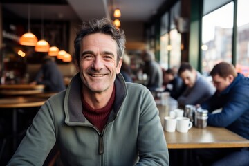 Portrait of a joyful man in his 40s sporting a long-sleeved thermal undershirt against a bustling city cafe. AI Generation