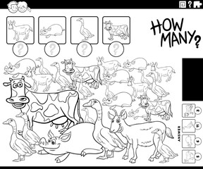 counting activity with cartoon farm animals coloring page