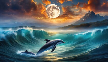 background of amazing crescent full moon over the sea and dolphins under the sea