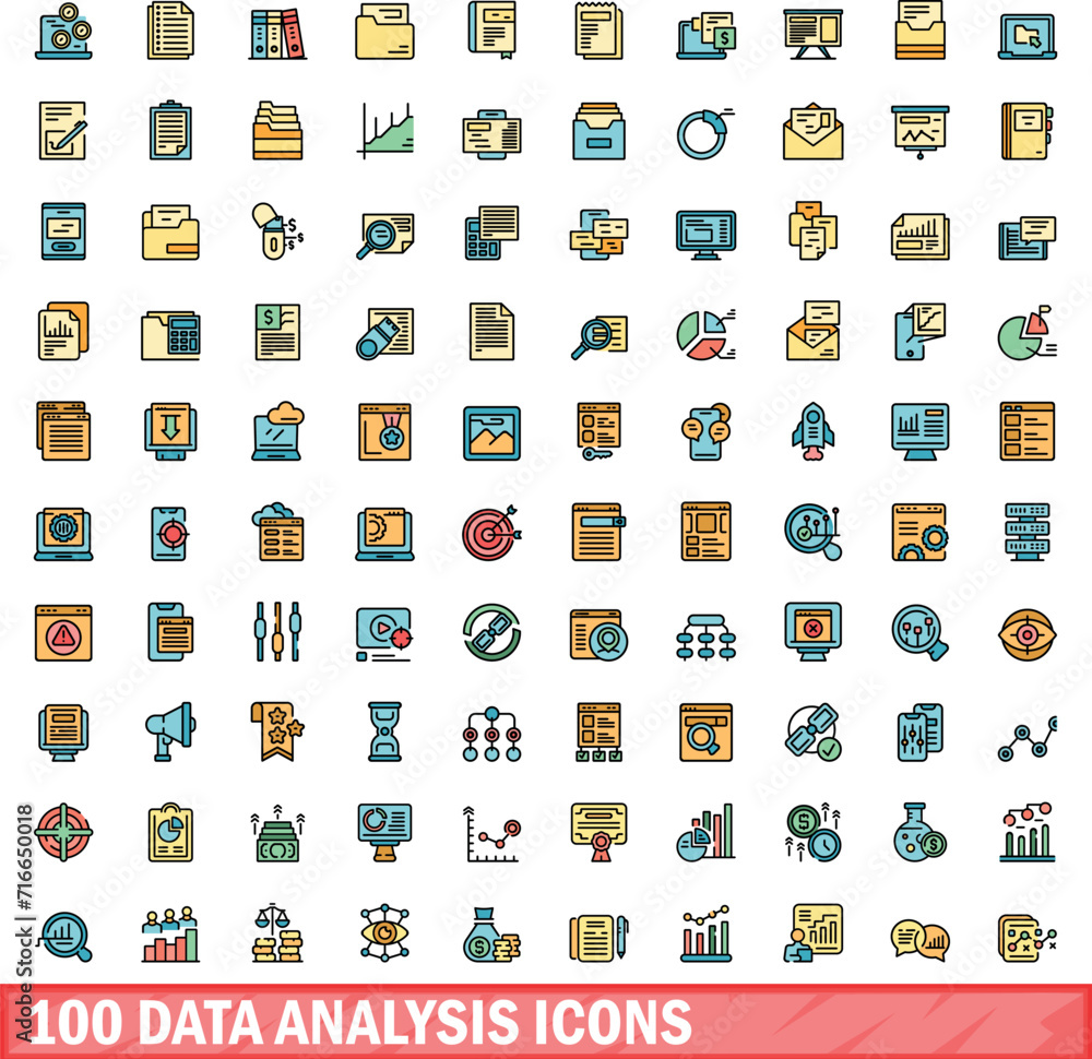 Poster 100 data analysis icons set. color line set of data analysis vector icons thin line color flat on wh