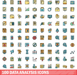 100 data analysis icons set. Color line set of data analysis vector icons thin line color flat on white