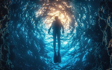 Exploring the mysterious depths of an underwater cave, a lone swimmer glides gracefully through the tranquil blue abyss