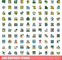 100 deposit icons set. Color line set of deposit vector icons thin line color flat on white
