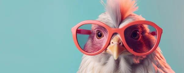 Foto op Canvas Chicken hen in funnz sunglasses on color background. copy space for text. © Michal