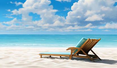 Beach chairs on the white sand beach with cloudy blue sky and sun. Background for summer vacation and travel