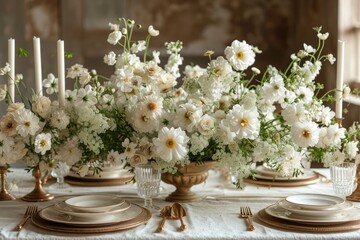Obraz na płótnie Canvas A delicate display of hand-crafted floral arrangements and flickering candles adorns the pristine white table, creating a peaceful and elegant atmosphere perfect for any special occasion