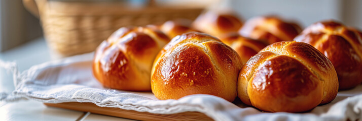 Several freshly baked traditional Easter hot cross buns on the table. Good Friday bakery with cross on top. Wide banner