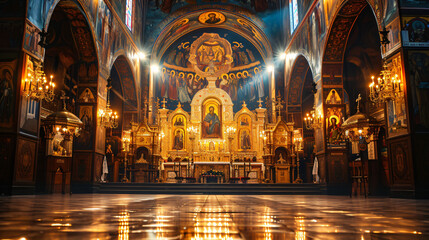 An ornate Eastern Orthodox church interior with golden icons intricate frescoes and flickering candlelight. - obrazy, fototapety, plakaty