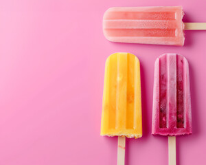 Bright popsicles on pink background, symbolise summer coolness.