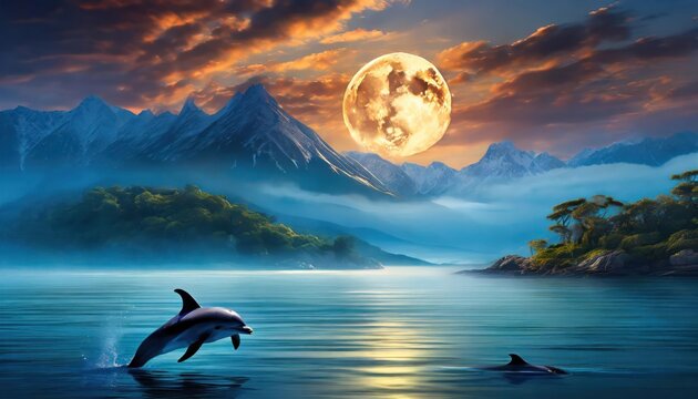 background of amazing crescent full moon over the sea and dolphins under the sea